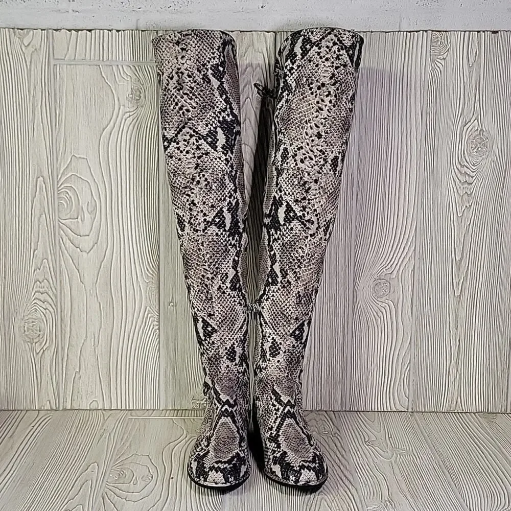 Marc Fisher Grey Snakeprint Knee High Zip Up Boots Womens Size 7 NEW